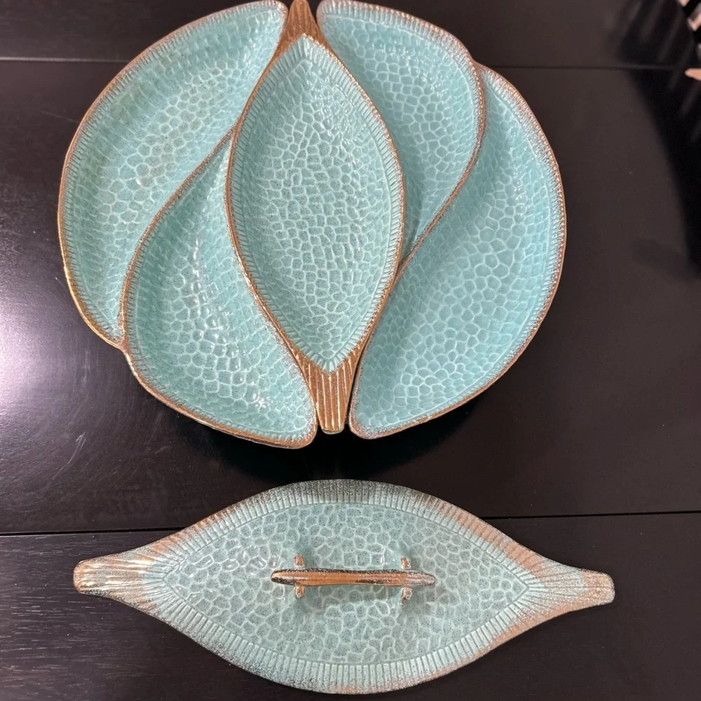 USA-Calif. Orig. Beautiful Turquoise and Gold Leaf-Shaped Serving set with cover